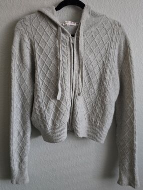 hazel Light Gray Diamond Knit Zip Hoodie Cardigan